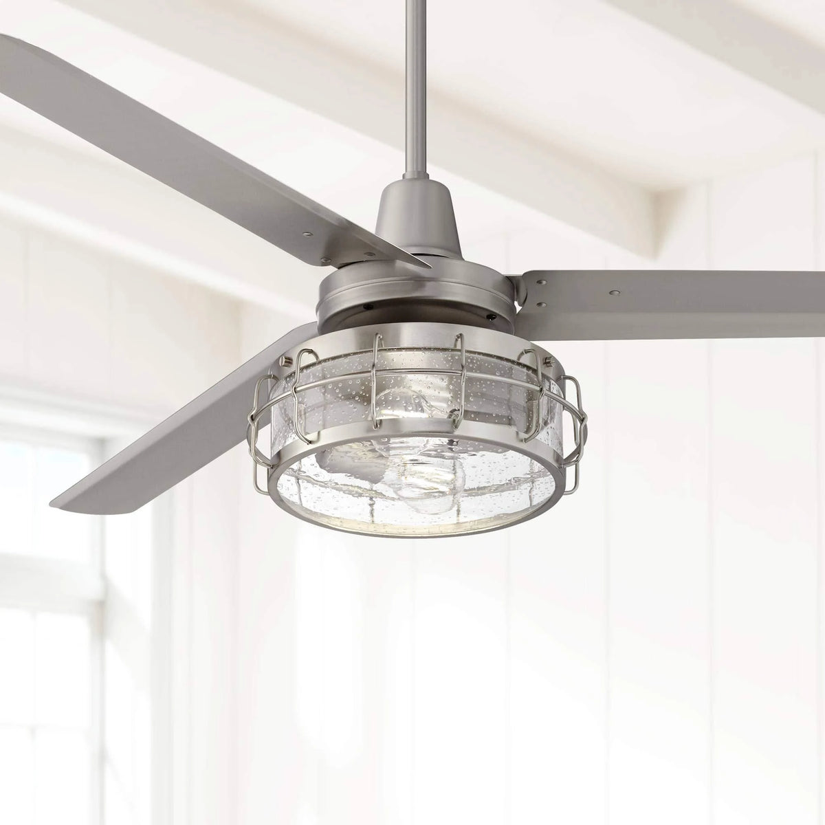 Industrial Ceiling Fan with Light Kit LED Remote Brushed Nickel P528