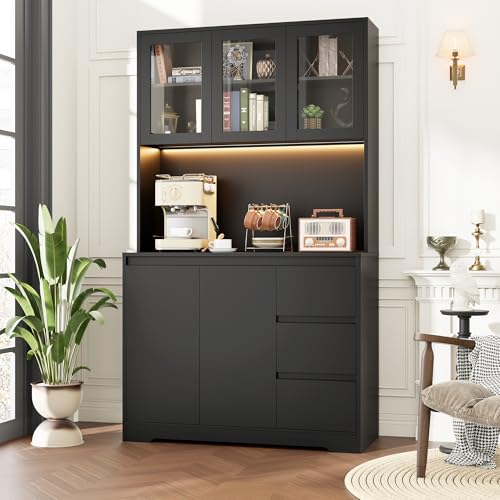 Black 71" Kitchen Pantry Cabinet with LED Lights and Charging Station L1505
