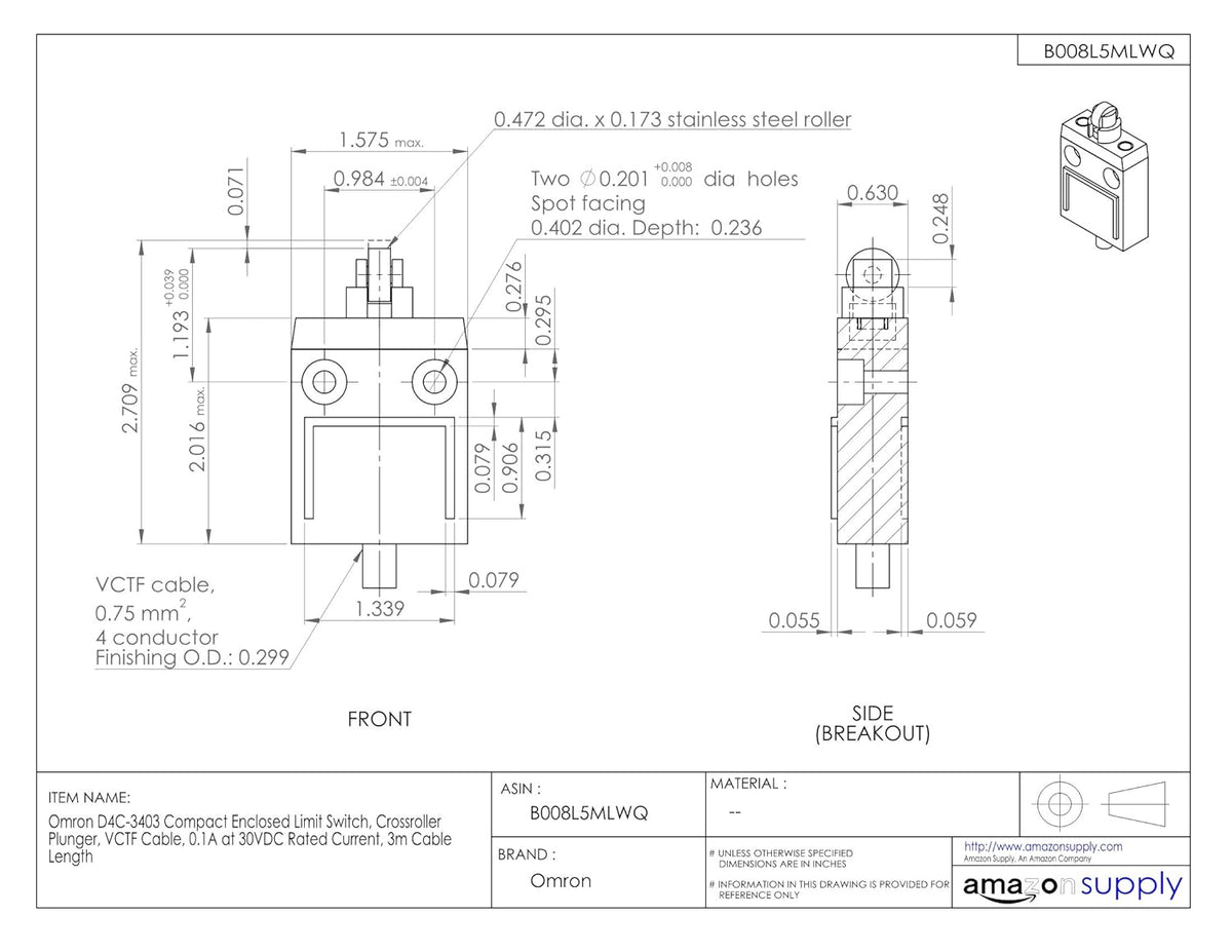Compact Enclosed Limit Switch, Crossroller Plunger, 3m Cable Length K602