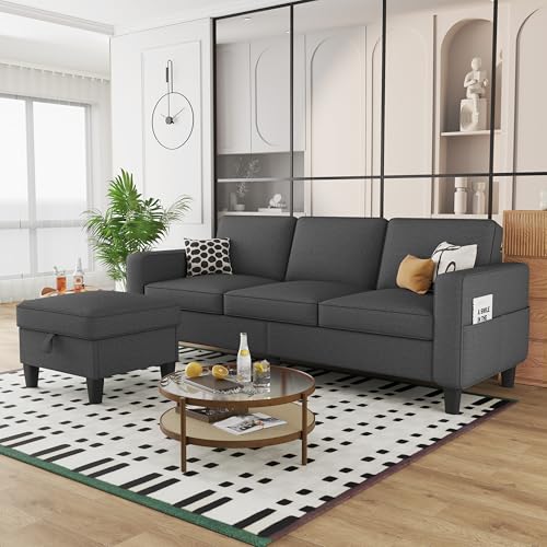 Beige 3 Seat L-Shaped Sectional Sofa with Storage Ottoman L8900