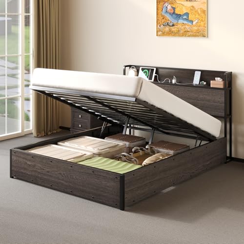 Full Size Wooden Platform Bed Frame with Storage Headboard O74563