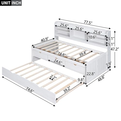 White Wash Wooden Twin Size Captain Bed with Built-in Bookshelves and 3 Storage Drawers and Trundle L19236