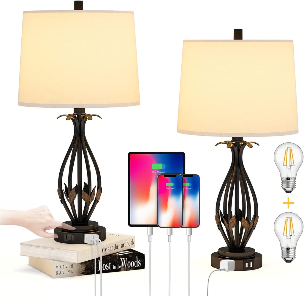 Table Lamp Set of 2, 3 Way Dimmable Touch with Dual USB Ports and AC Outlet R193412