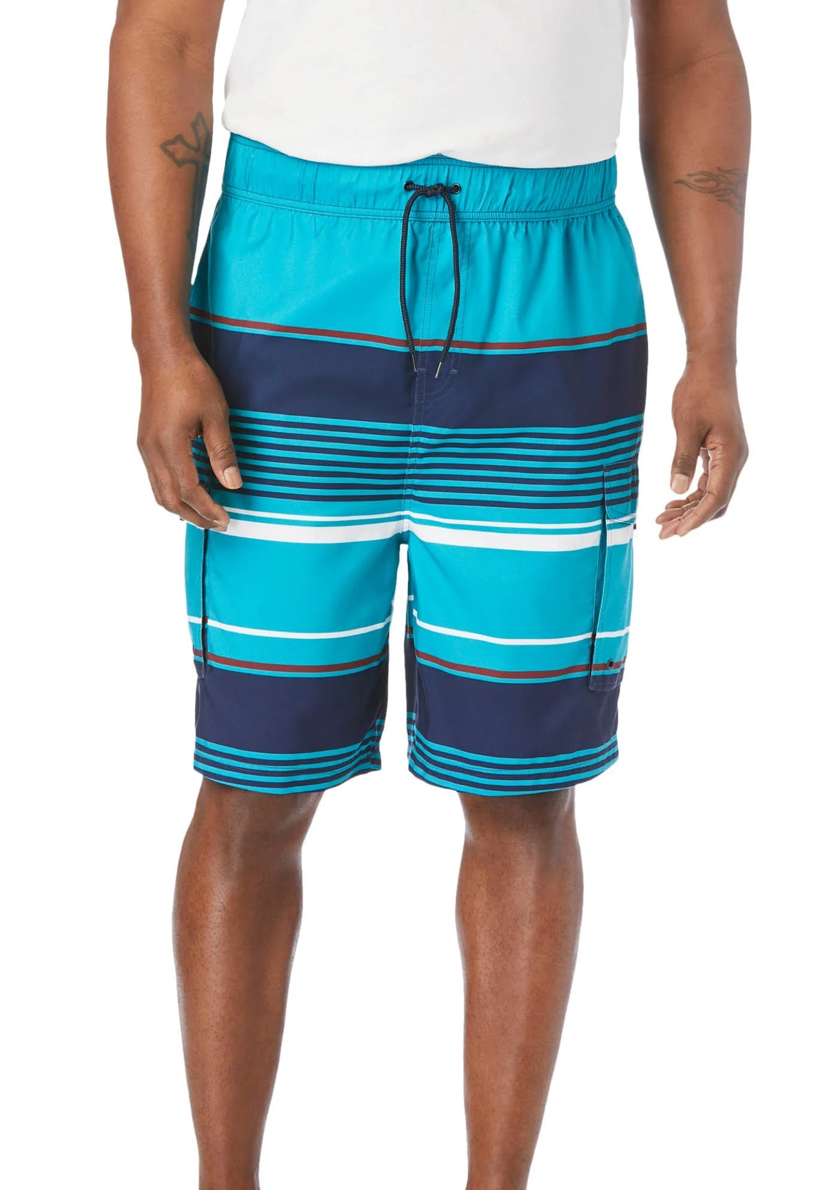 Navy Teal Stripe Big & Tall Printed Cargo Swim Trunks B7477