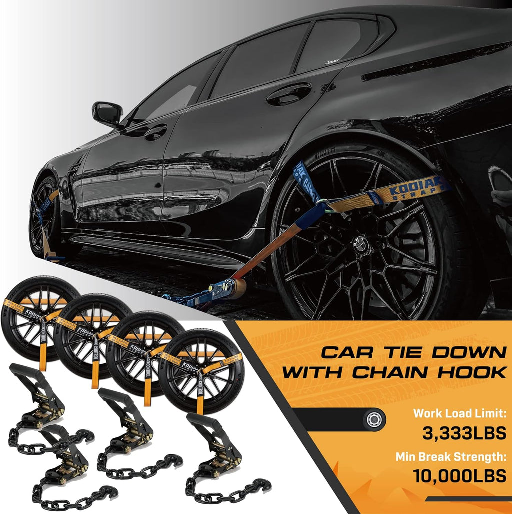 4 Pack Ratchet Car Tie Down Strap with Chain Hooks 2" x 144' Heavy Duty 10,000lbs Min Break Strength Tire Straps C33441