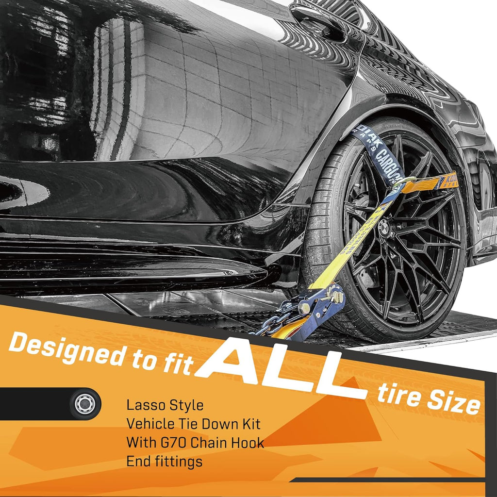 4 Pack Ratchet Car Tie Down Strap with Chain Hooks 2" x 144' Heavy Duty 10,000lbs Min Break Strength Tire Straps C33441