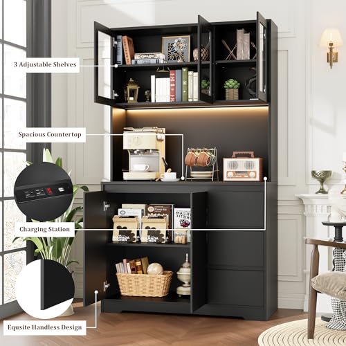 Black 71" Kitchen Pantry Cabinet with LED Lights and Charging Station L1505