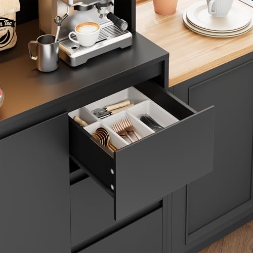 Black 71" Kitchen Pantry Cabinet with LED Lights and Charging Station L1505