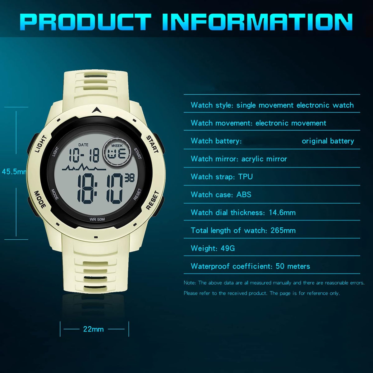 Mens Digital Sports Watch Solar Powered Waterproof Stopwatch V6712