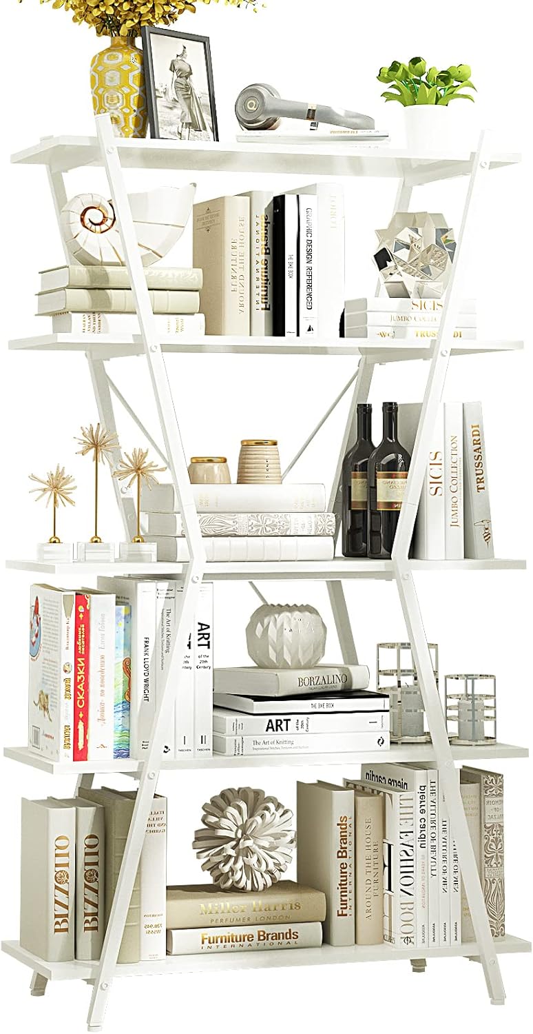 5 Tier White Wood and Metal Bookshelf I567802