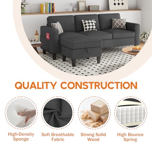Beige 3 Seat L-Shaped Sectional Sofa with Storage Ottoman L8900