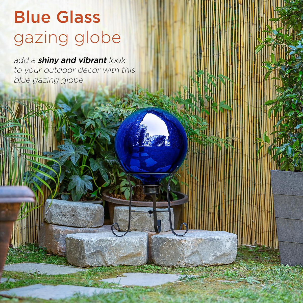 10" Blue Outdoor Glass Gazing Globe with Black Iron Stand Q648364