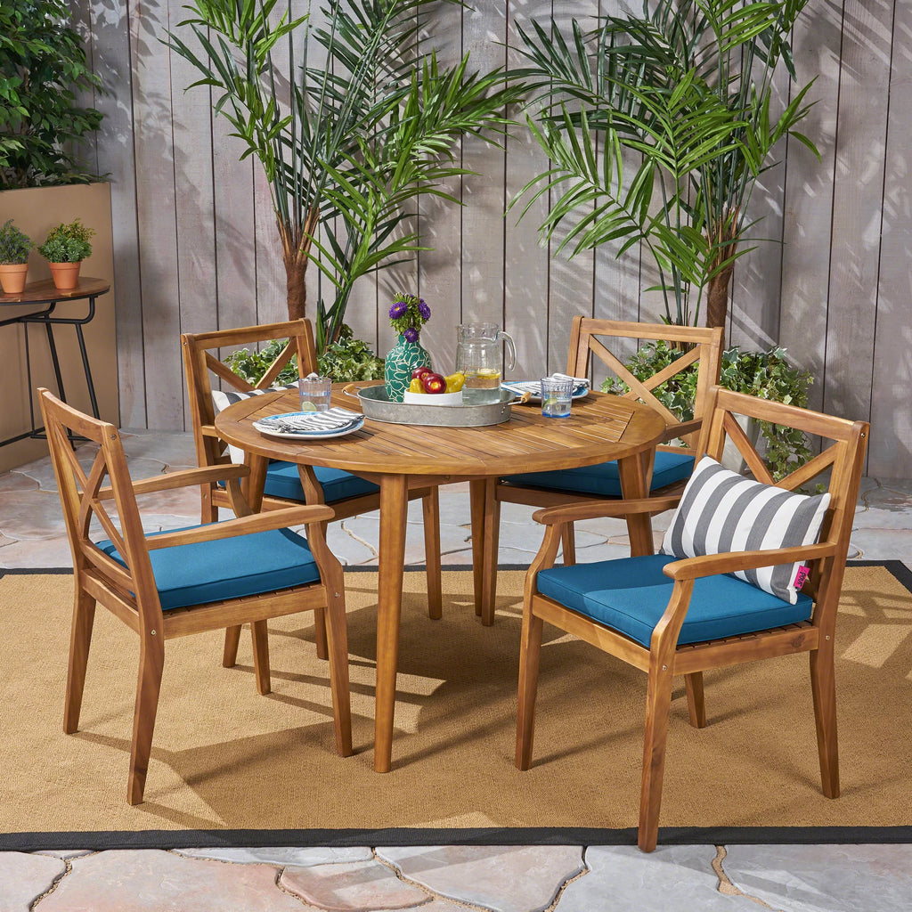 5 Piece Acacia Wood Round Dining Set with Cushions H99327