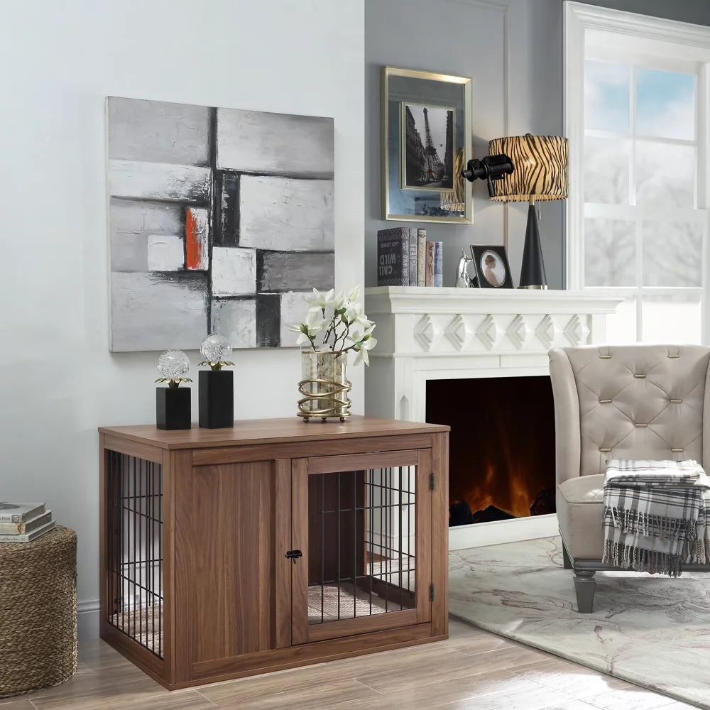 Wooden Wire Dog Crate End Table with Cushion D87436