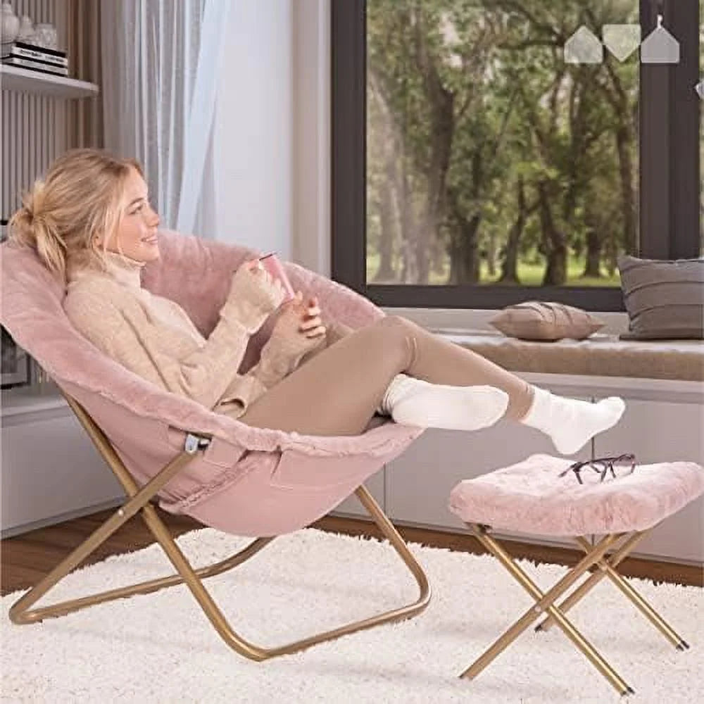 Pink Faux Fur Saucer Chair with Ottoman C499
