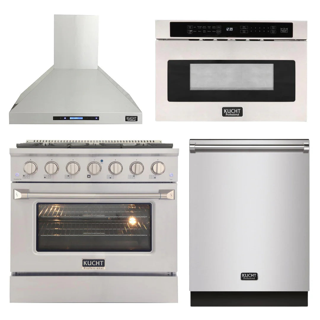 36 in. Natural Gas Range, Range Hood, Dishwasher & Microwave Drawer Package Y8037