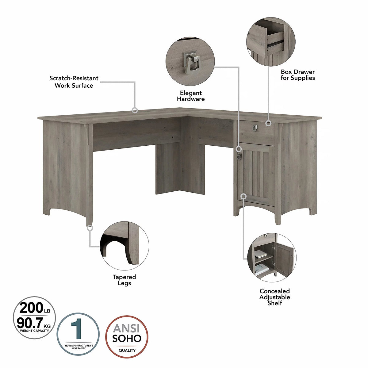 Driftwood Gray L Shaped Desk Set with Office Chair K635