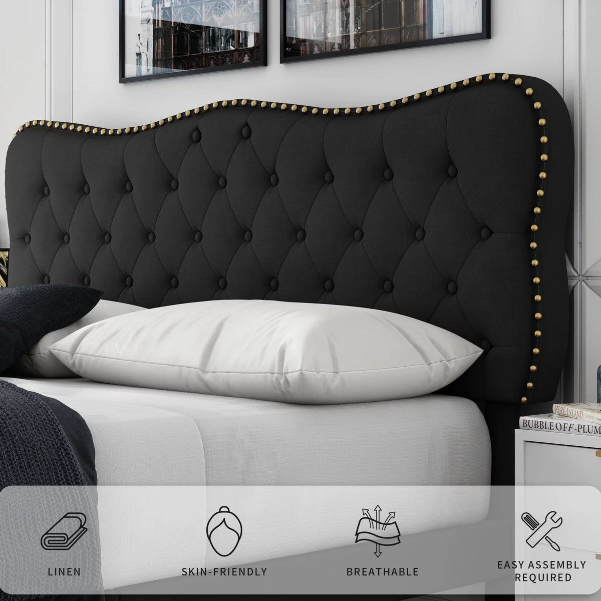 Queen Size Black Linen Upholstered Platform Bed with Adjustable Headboard C114478