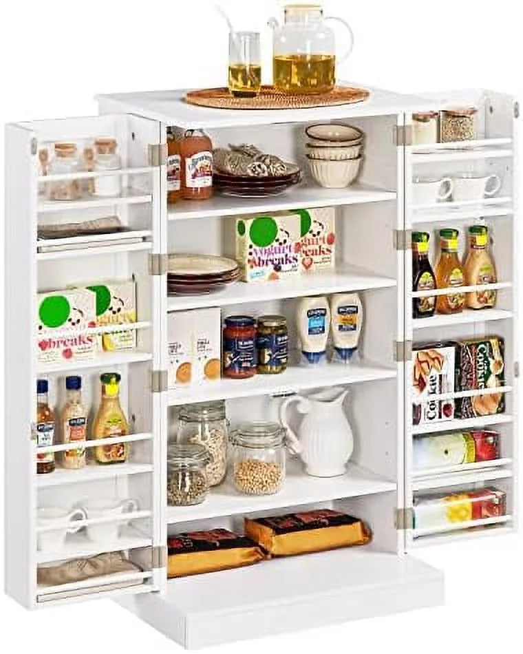 White Wood Pantry Cabinet with Doors and Adjustable Shelves J520166