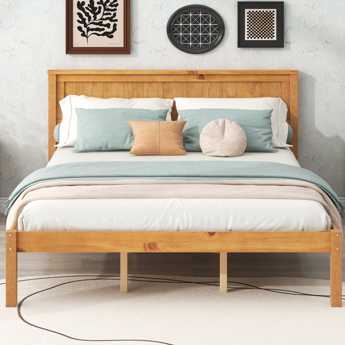 Queen Oak Platform Bed Frame with Headboard K12247