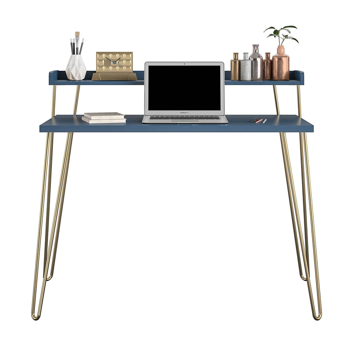 Navy Retro Desk with Riser and Gold Legs H501537