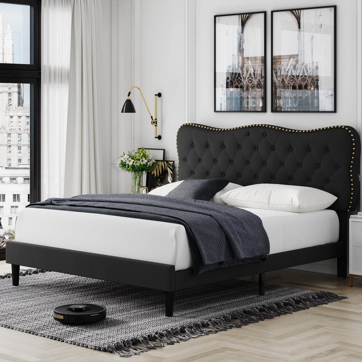 Queen Size Black Linen Upholstered Platform Bed with Adjustable Headboard C114478