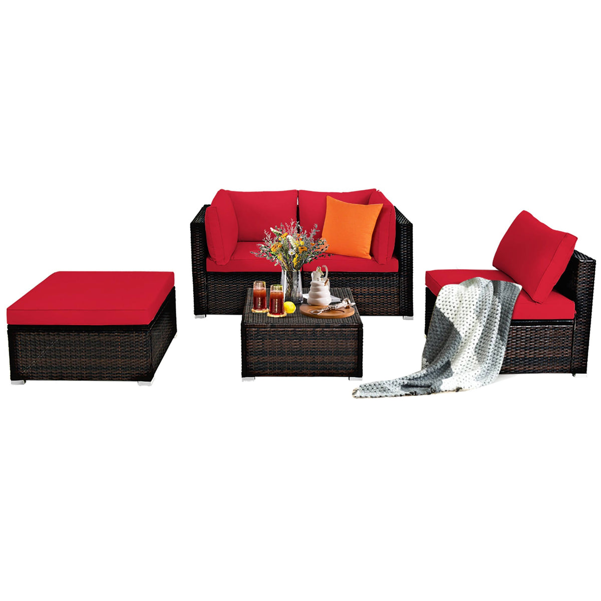 Red 5 Piece Patio Rattan Furniture Set O243885