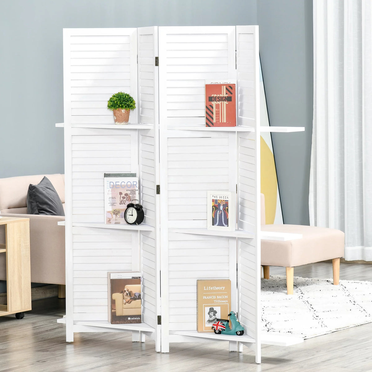 67" 4 Panel Wooden Privacy Screen Divider with Shelves O141586