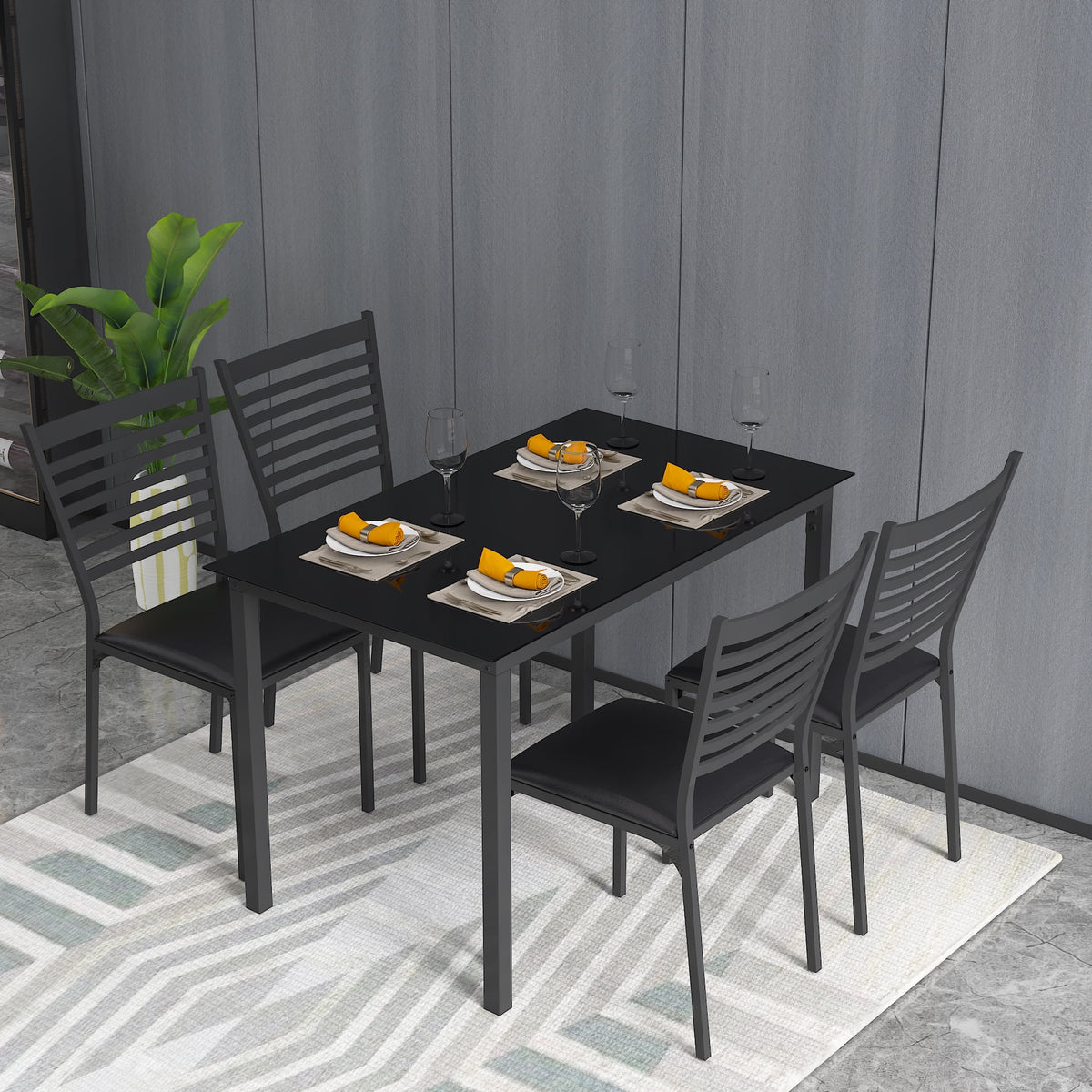 5 Piece Black Dining Table Set with 4 Upholstered Chairs Z930631