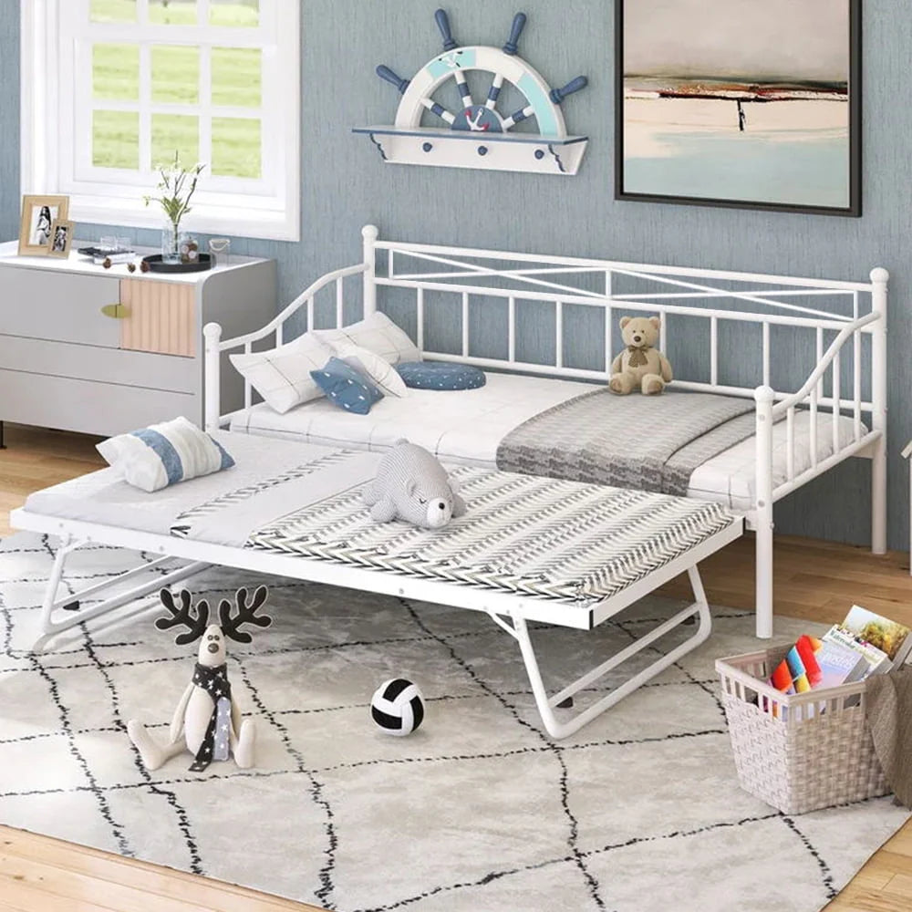 White Twin Size Metal Daybed with Trundle W35705