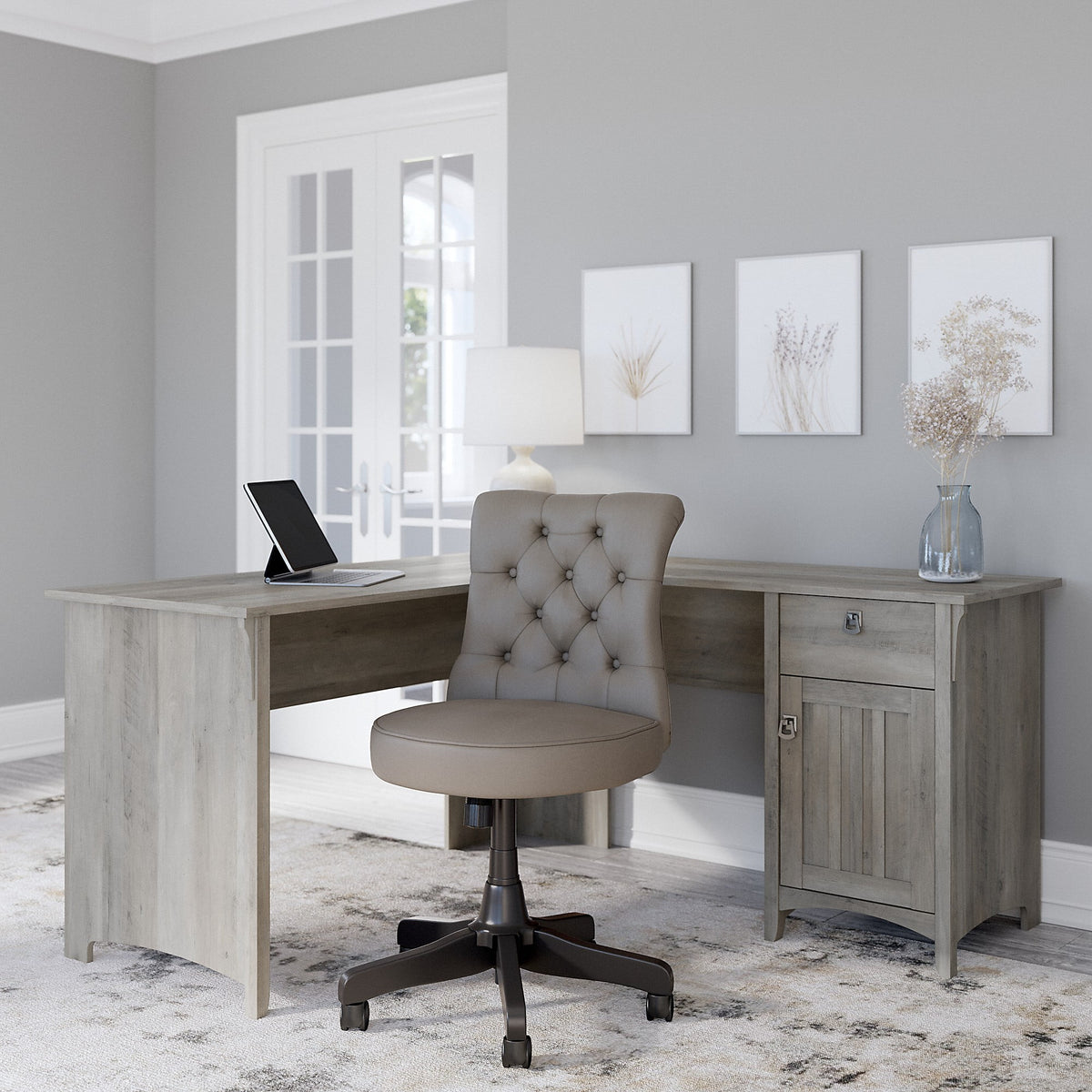 Driftwood Gray L Shaped Desk Set with Office Chair K635