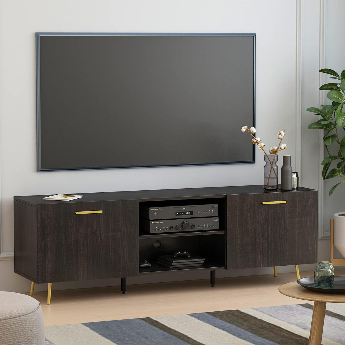 Espresso Wooden TV Cabinet with Shelves & Doors and Gold Metal Legs J784743