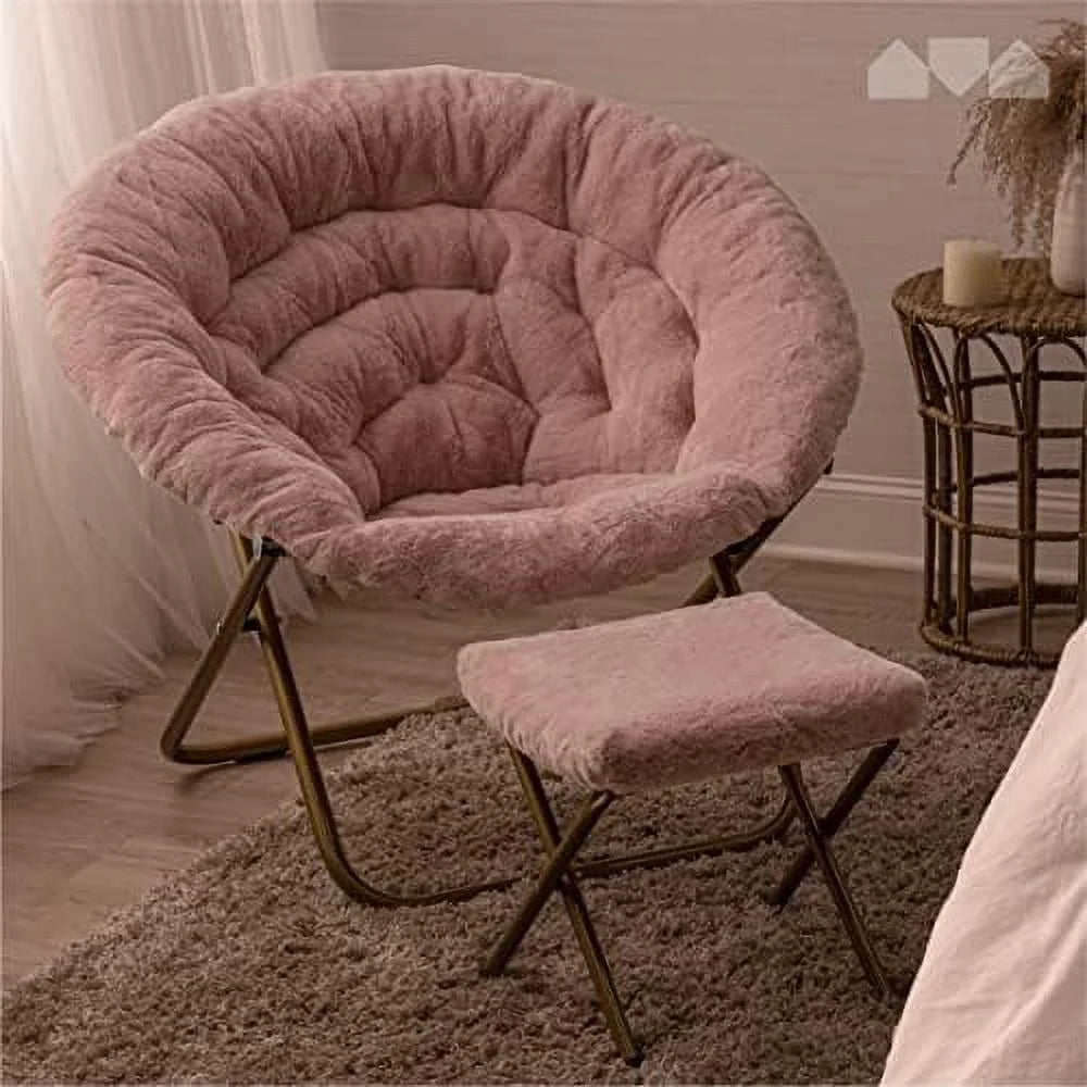 Pink Faux Fur Saucer Chair with Ottoman C499