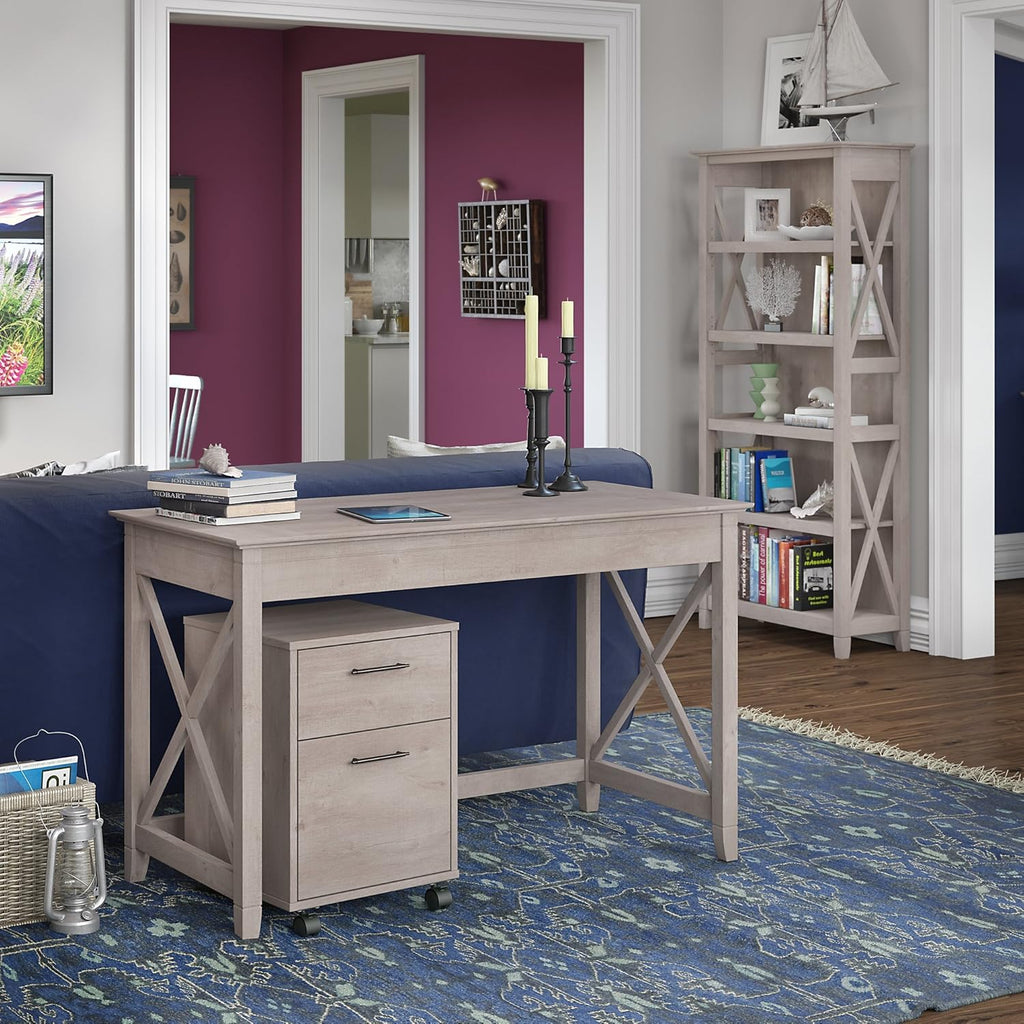 48W Writing Desk with 2 Drawer Mobile File Cabinet and 5 Shelf Bookcase P382119