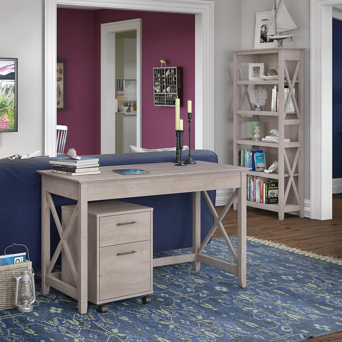 48W Writing Desk with 2 Drawer Mobile File Cabinet and 5 Shelf Bookcase P382119