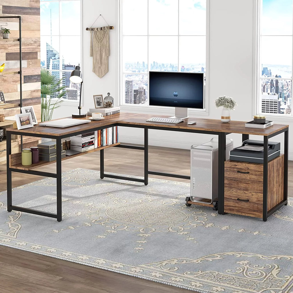 70 Inch L-Shaped Desk with Bookcase Cabinet and Drawers Z72477