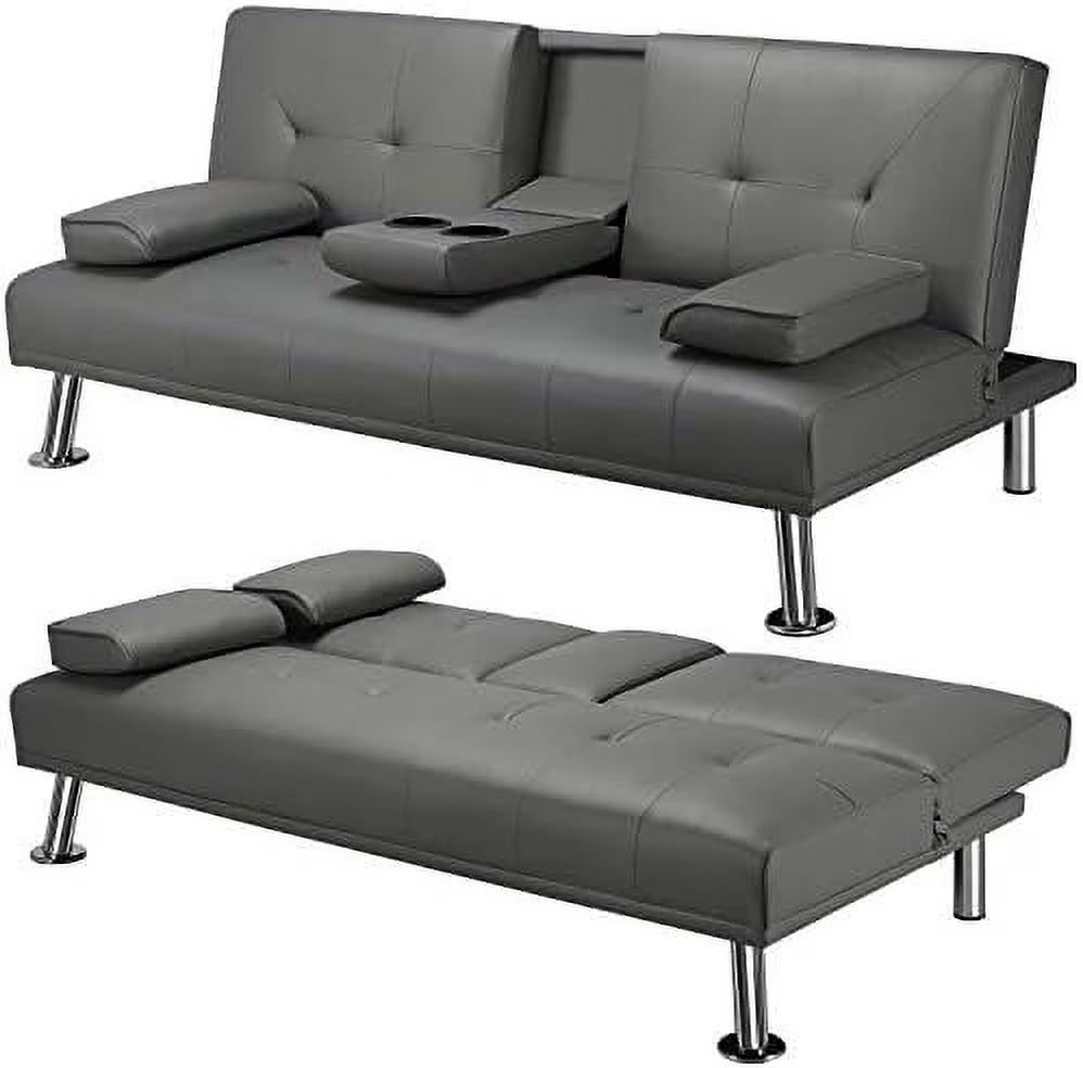 Gray Faux Leather Sofa Bed Futon with Armrest O963