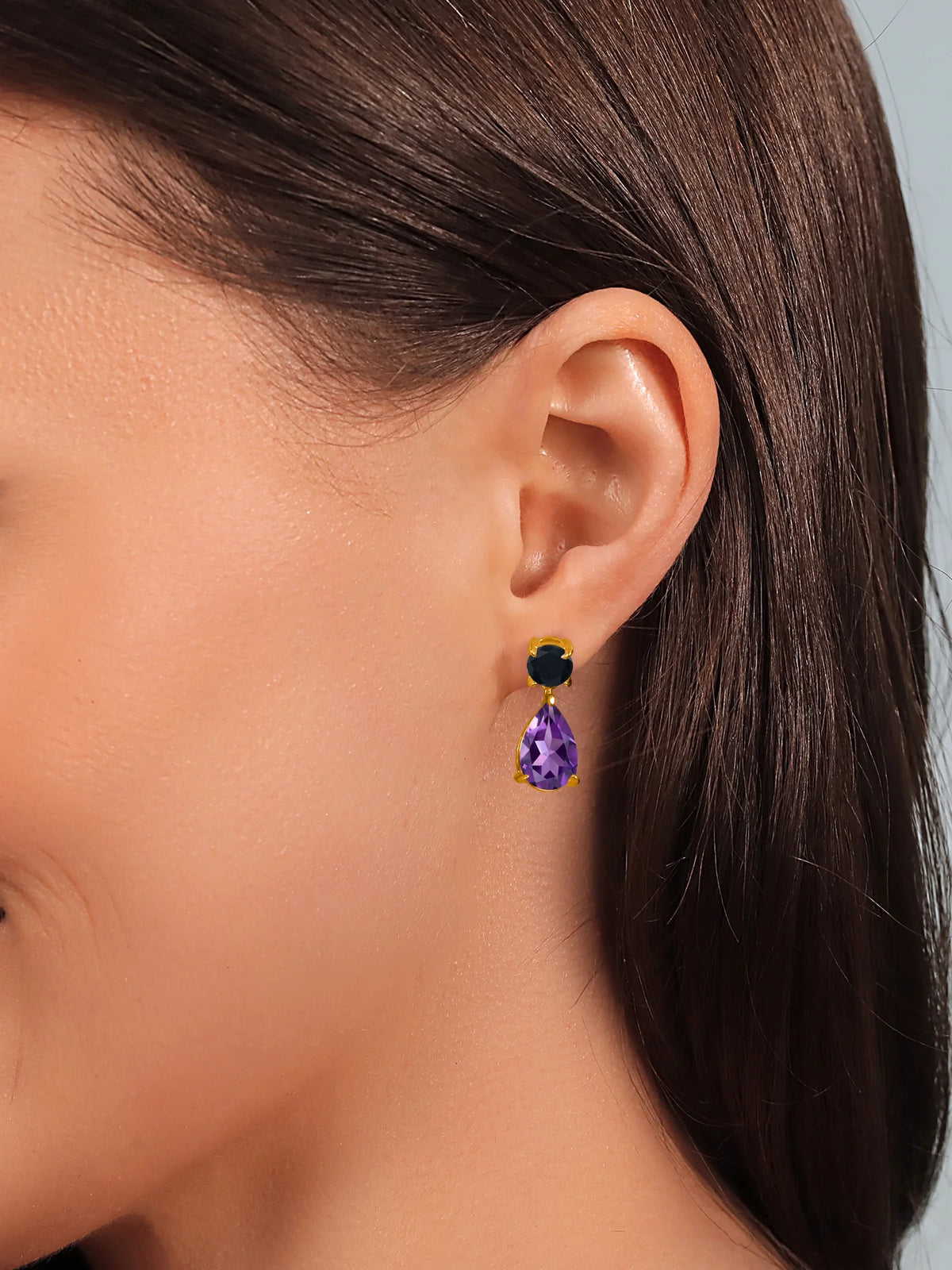 Purple Amethyst and Black Onyx Teardrop Dangle Drop Earrings S5371