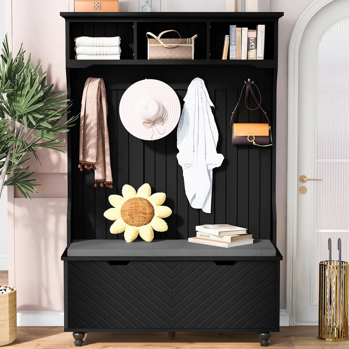 White Wood Hall Tree with Bench and Shoe Storage K190031