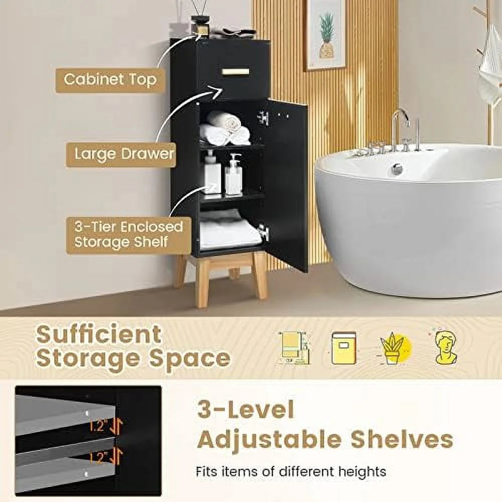Narrow Black Bathroom Cabinet with Adjustable Shelves and Drawer Q2214