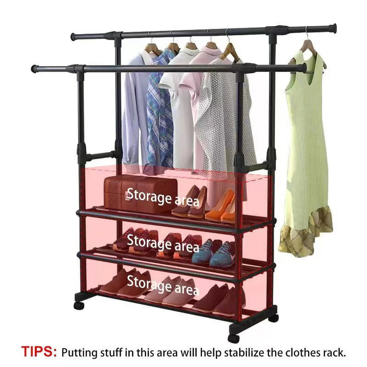 Black Rolling Garment Rack with Bottom Shelves V4720