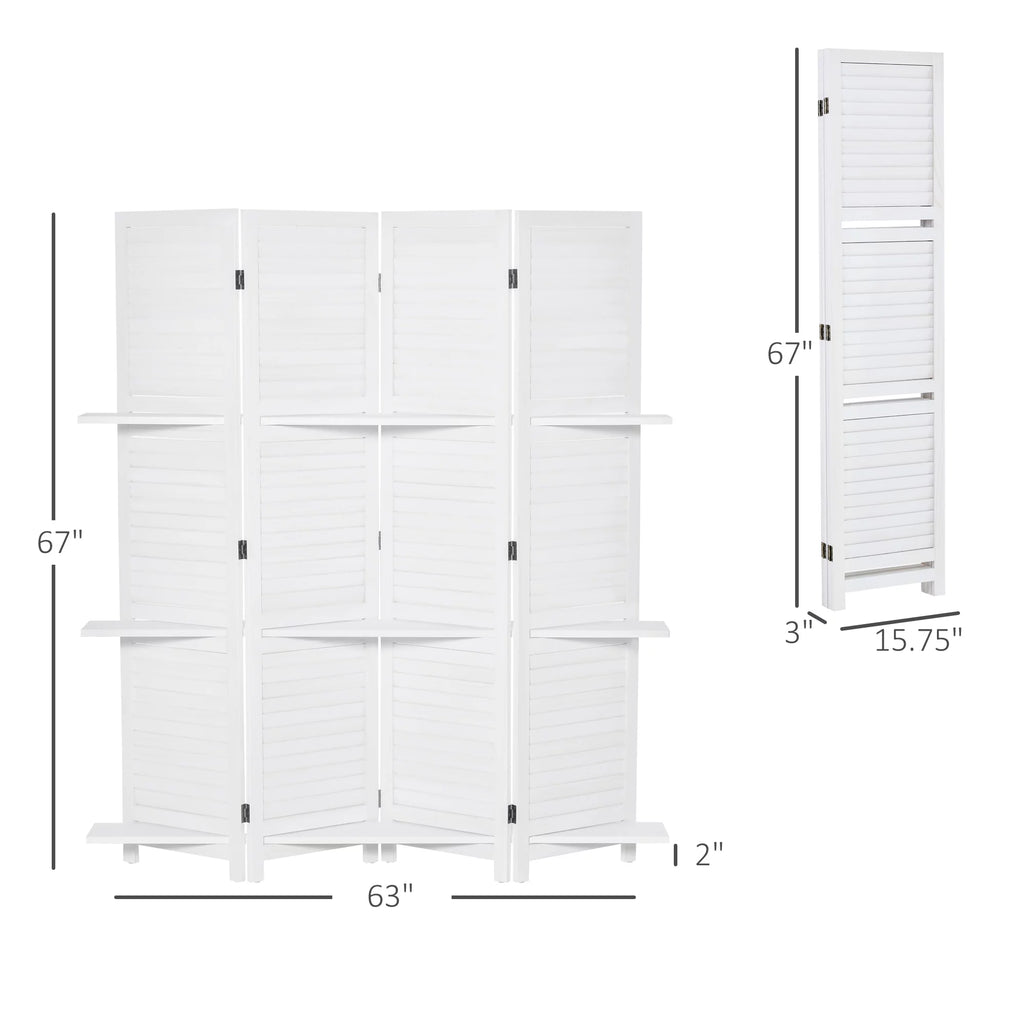 67" 4 Panel Wooden Privacy Screen Divider with Shelves O141586