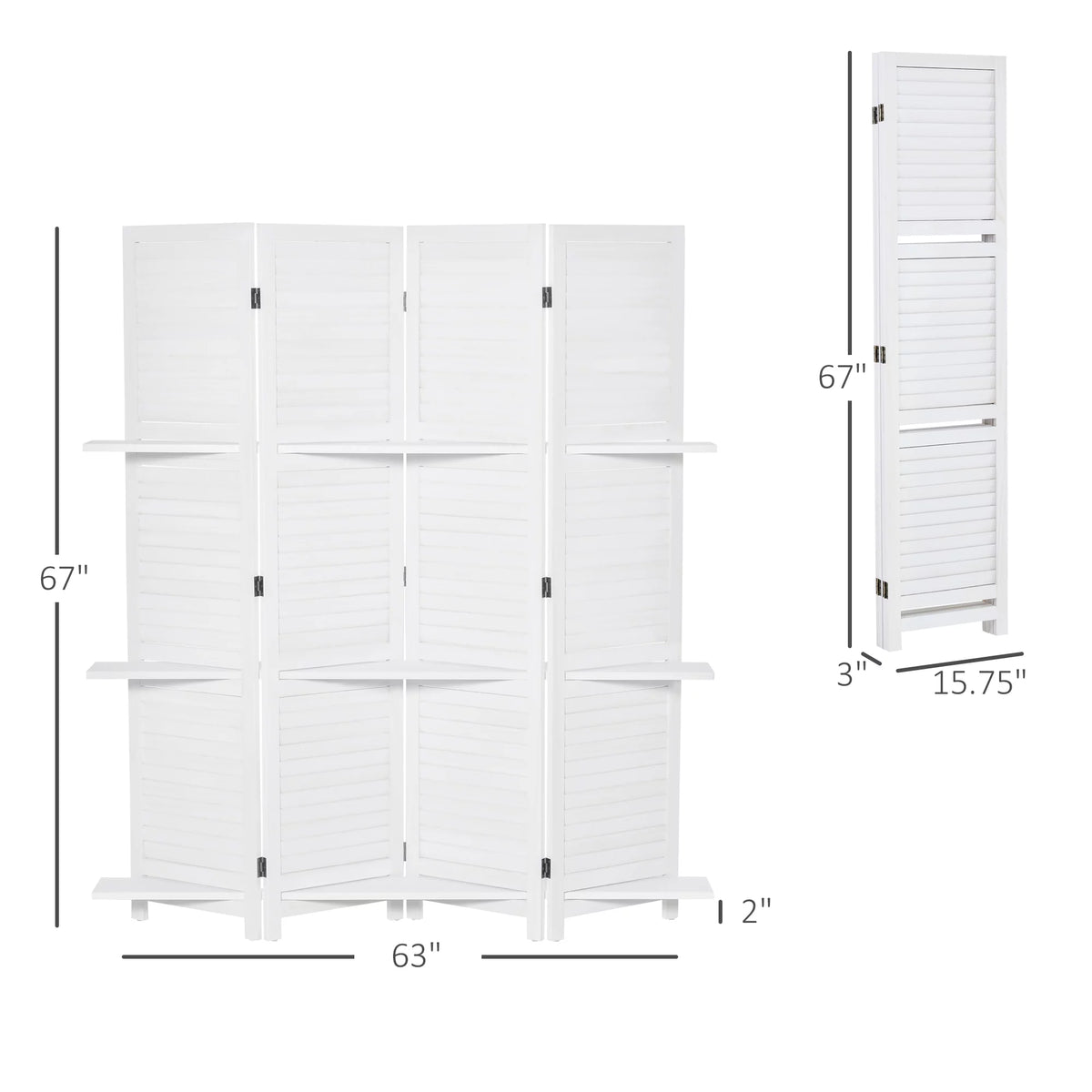 67" 4 Panel Wooden Privacy Screen Divider with Shelves O141586