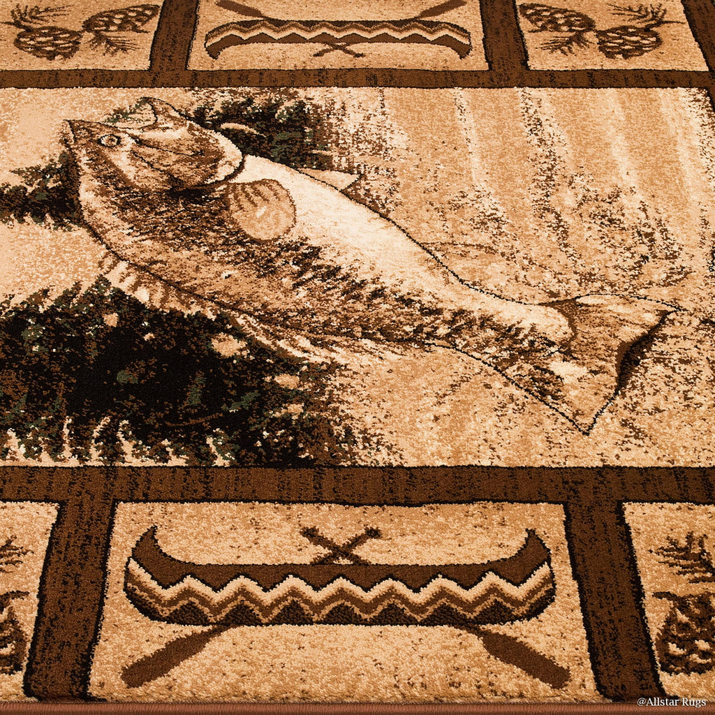 Brown Prints Fish Acorns Bear Cabin Moose Wildlife Area Rug (3' 9" x 5' 1") Y125