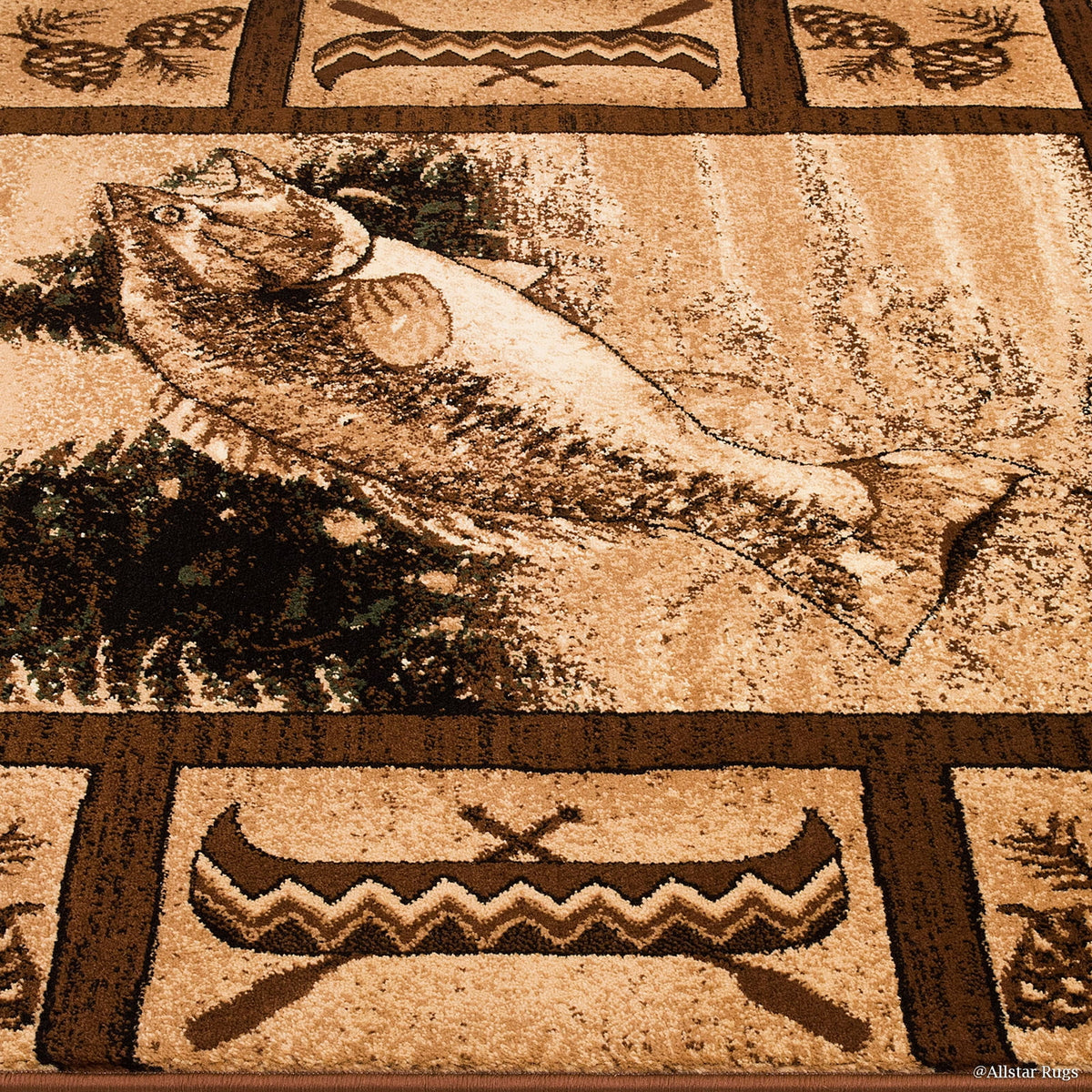 Brown Prints Fish Acorns Bear Cabin Moose Wildlife Area Rug (3' 9" x 5' 1") Y125