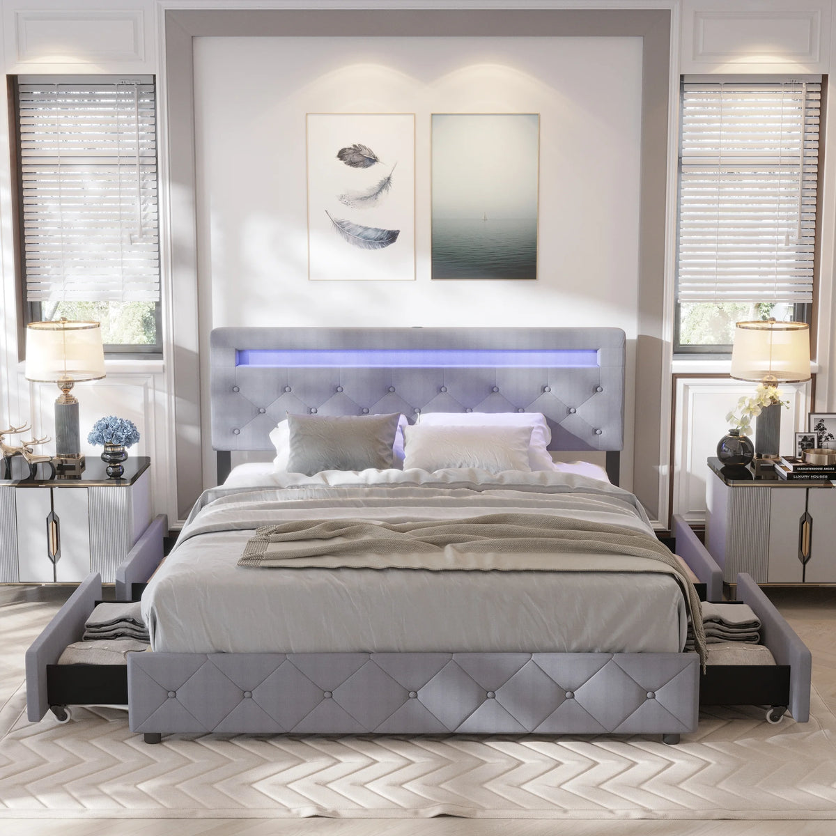 Full Size Upholstered Platform Bed Frame with LED Light Headboard U2287