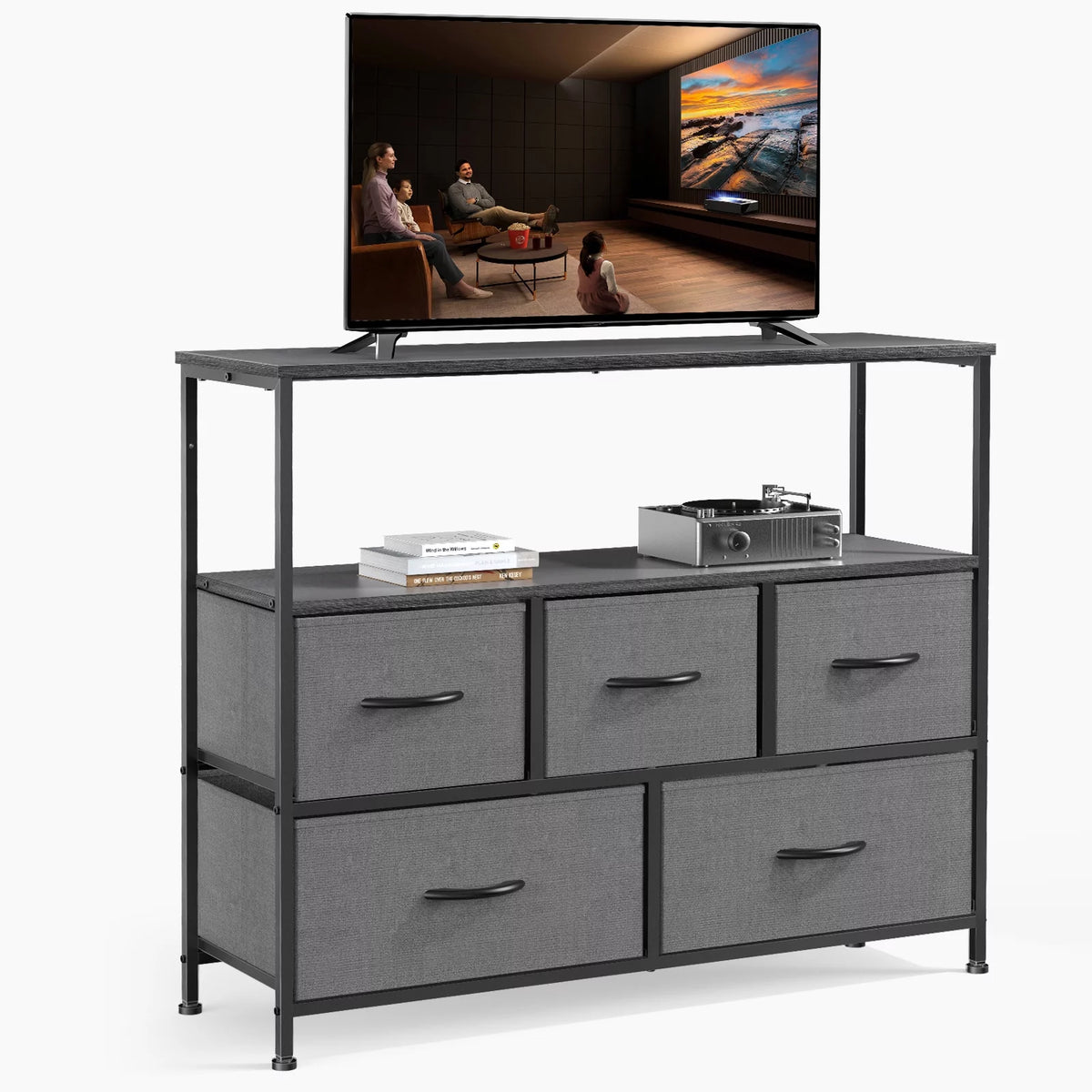 Gray 5 Drawer Fabric Dresser with Wood Shelves X38462
