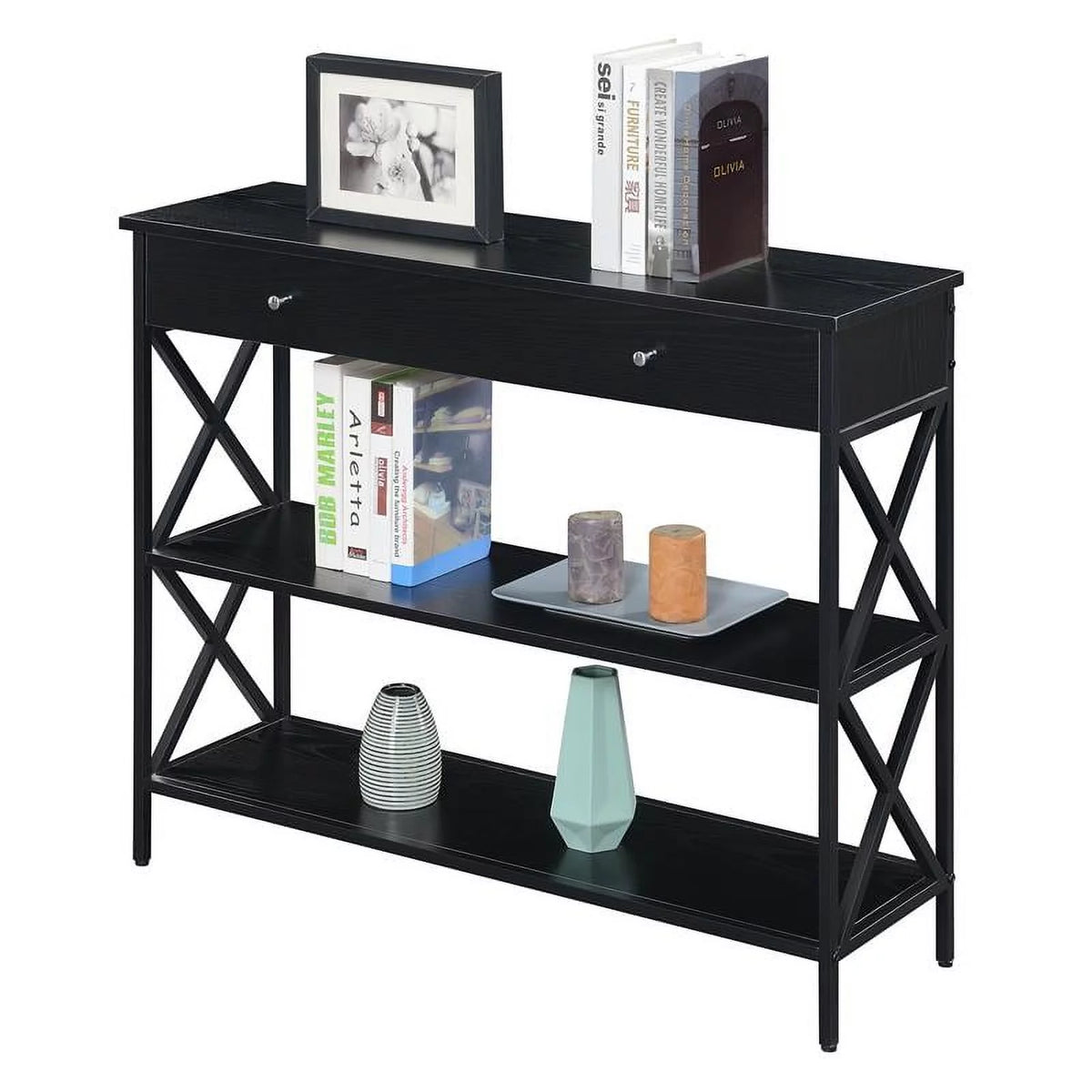 Black Wood and Metal One-Drawer Console Table T637004