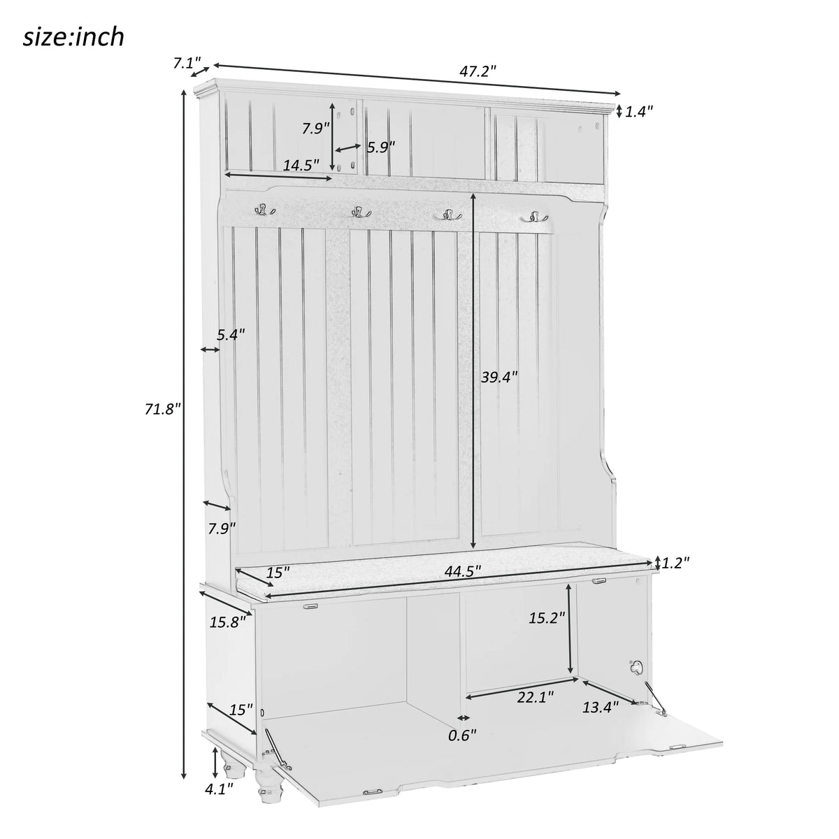 White Wood Hall Tree with Bench and Shoe Storage K190031