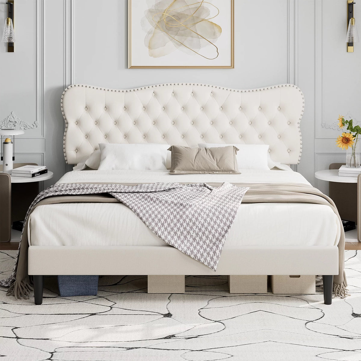 Queen Size Black Linen Upholstered Platform Bed with Adjustable Headboard C114478